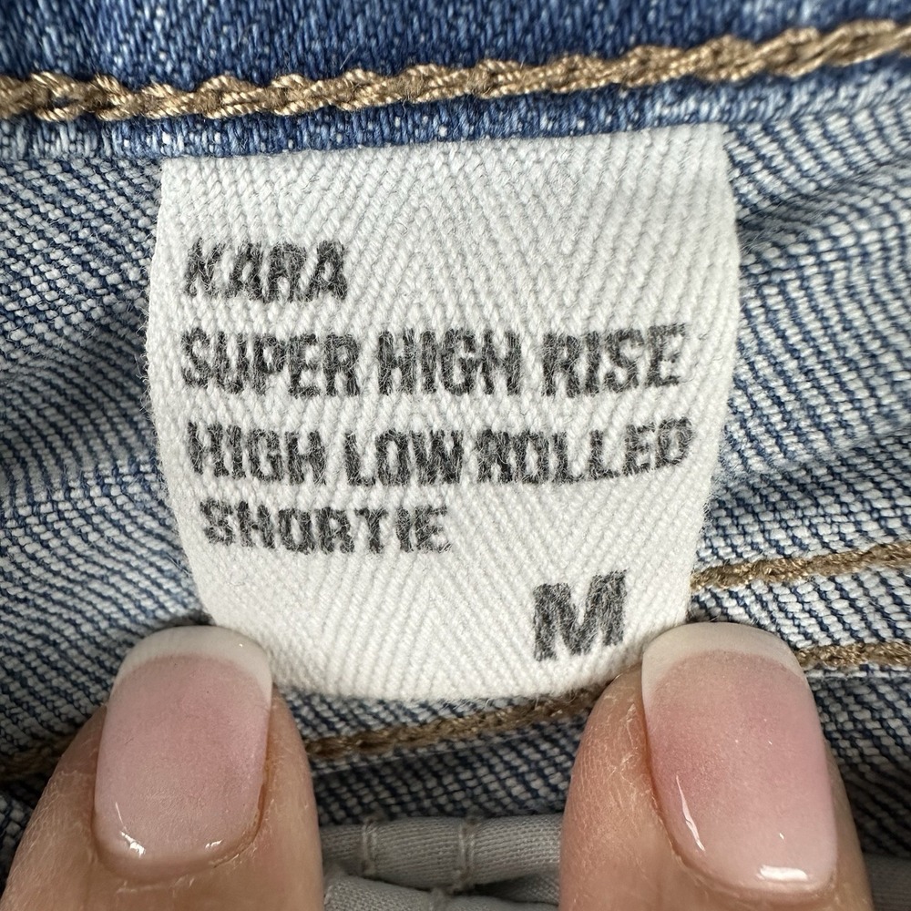 Eunina Womens Size M Kara Super High Rise Raw Hem Blue Jean High Low Roll Shorts - Picture 6 of 15